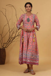 Coral Cambric Floral Print Anarkali Dress & Dupatta Set with Rubber-Band